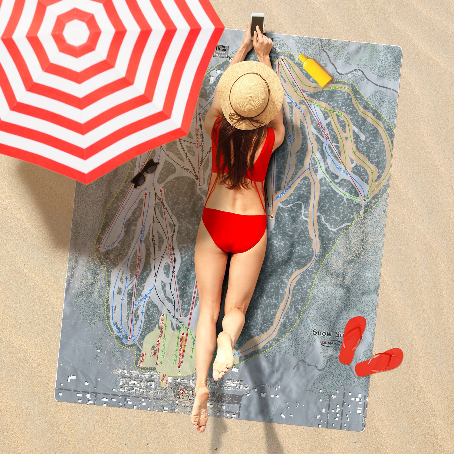 Snow Summit, California Ski Resort Map Printed Beach Towel - Powderaddicts