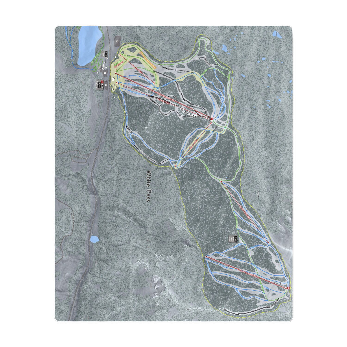 White Pass, Washington Ski Resort Map Printed Beach Towel - Powderaddicts