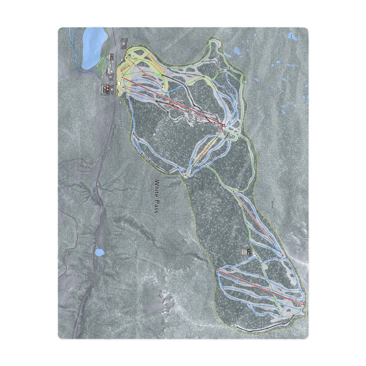 White Pass, Washington Ski Resort Map Printed Beach Towel - Powderaddicts