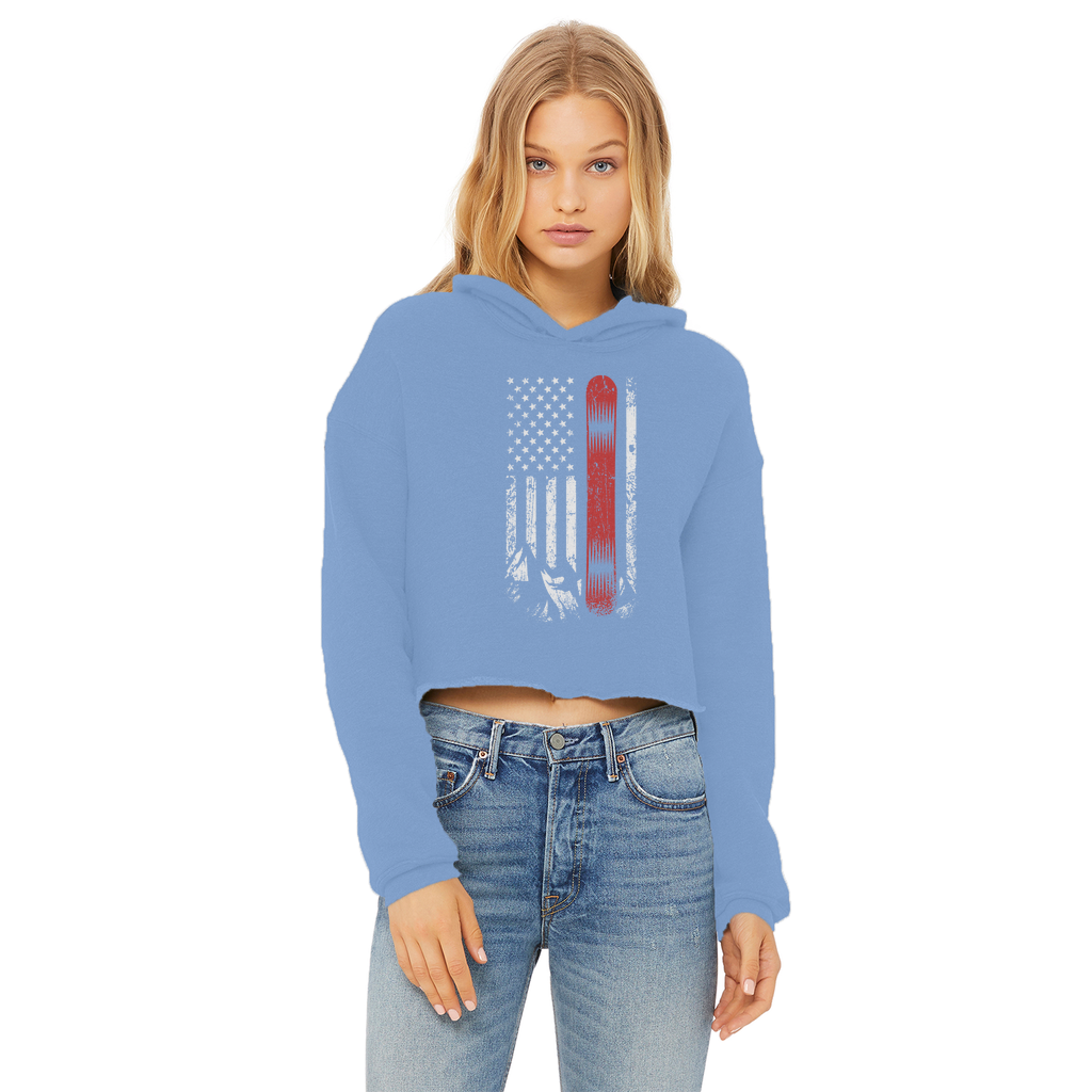 USA Snowboard Flag Thin Red Line Ladies Cropped Raw Edge Hoodie - Powderaddicts