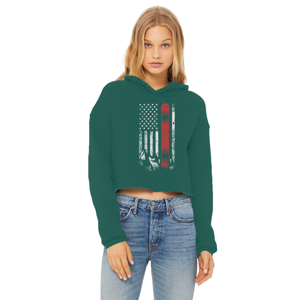 USA Snowboard Flag Thin Red Line Ladies Cropped Raw Edge Hoodie - Powderaddicts