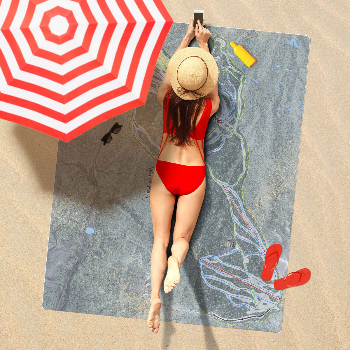 White Pass, Washington Ski Resort Map Printed Beach Towel - Powderaddicts