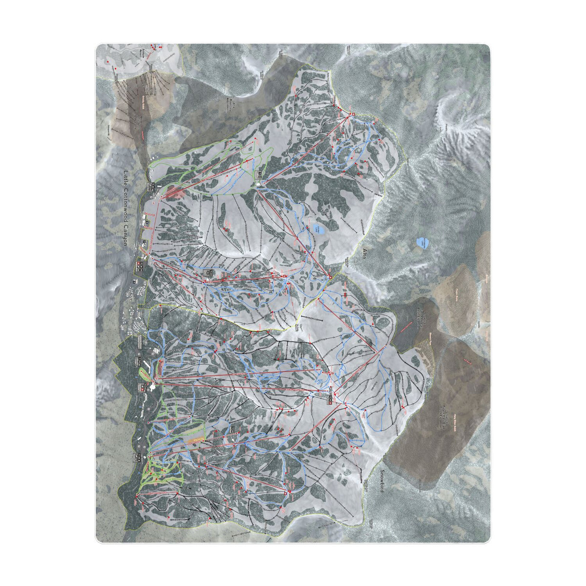 Little Cottonwood Canyon, Utah Ski Resort Map Printed Beach Towel - Powderaddicts