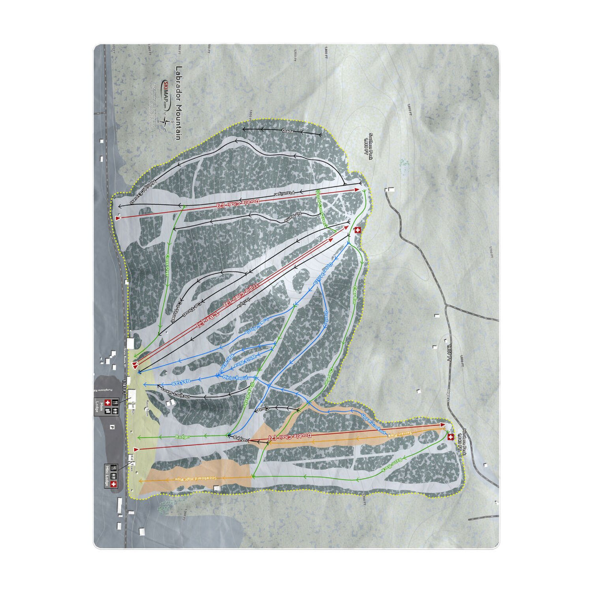 Labrador Mountain, New York Ski Resort Map Printed Beach Towel - Powderaddicts