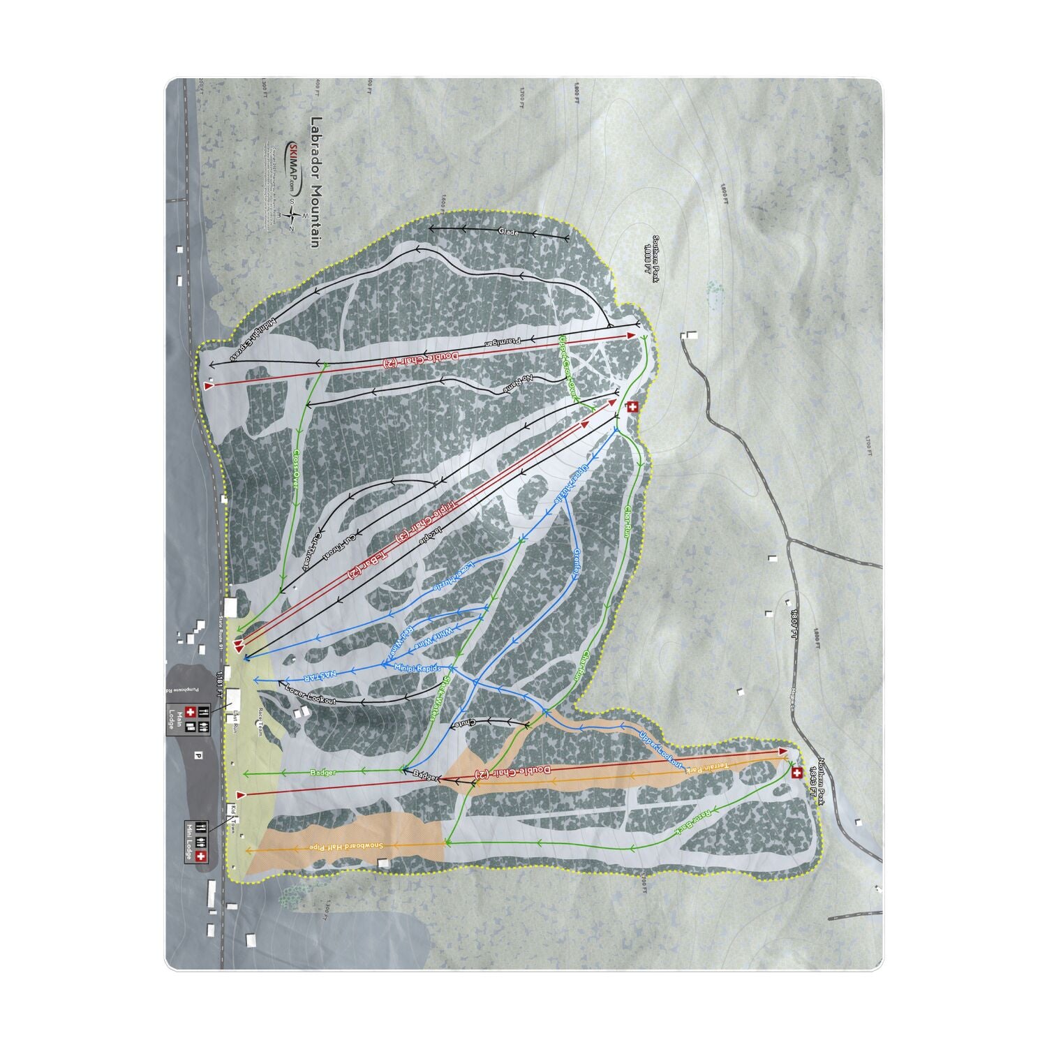 Labrador Mountain, New York Ski Resort Map Printed Beach Towel - Powderaddicts