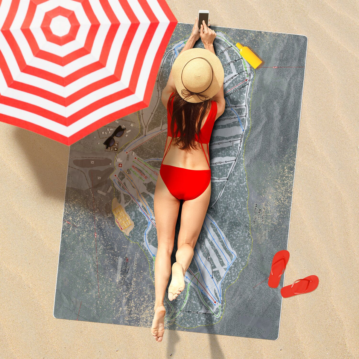 Sasquatch mountain, British Columbia Ski Resort Map Printed Beach Towel - Powderaddicts