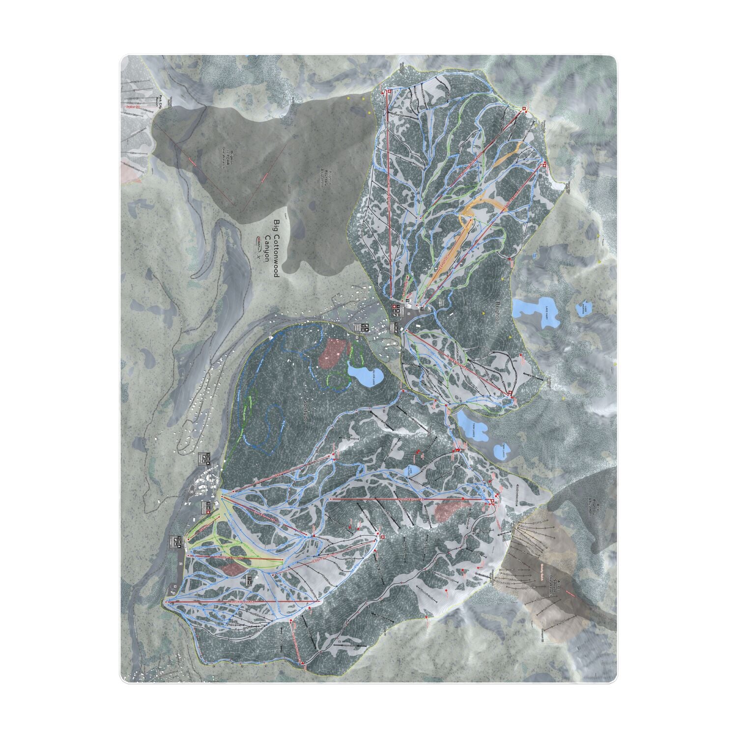 Big Cottonwood Canyon, Utah Ski Resort Map Printed Beach Towel - Powderaddicts