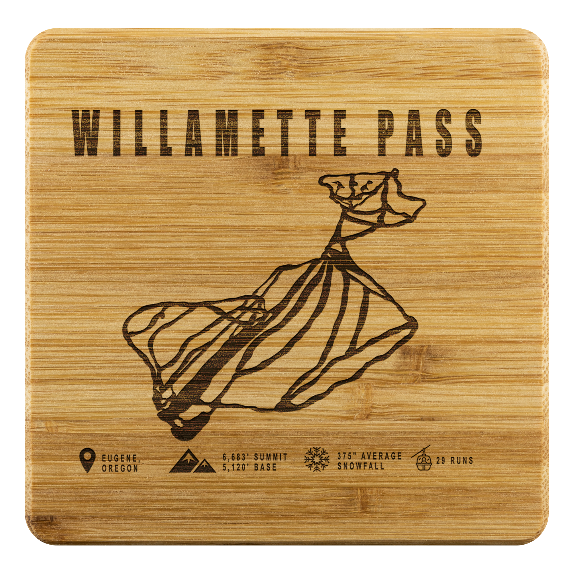 Willamette Pass, Oregon Ski Trail Map Bamboo Coaster - Powderaddicts