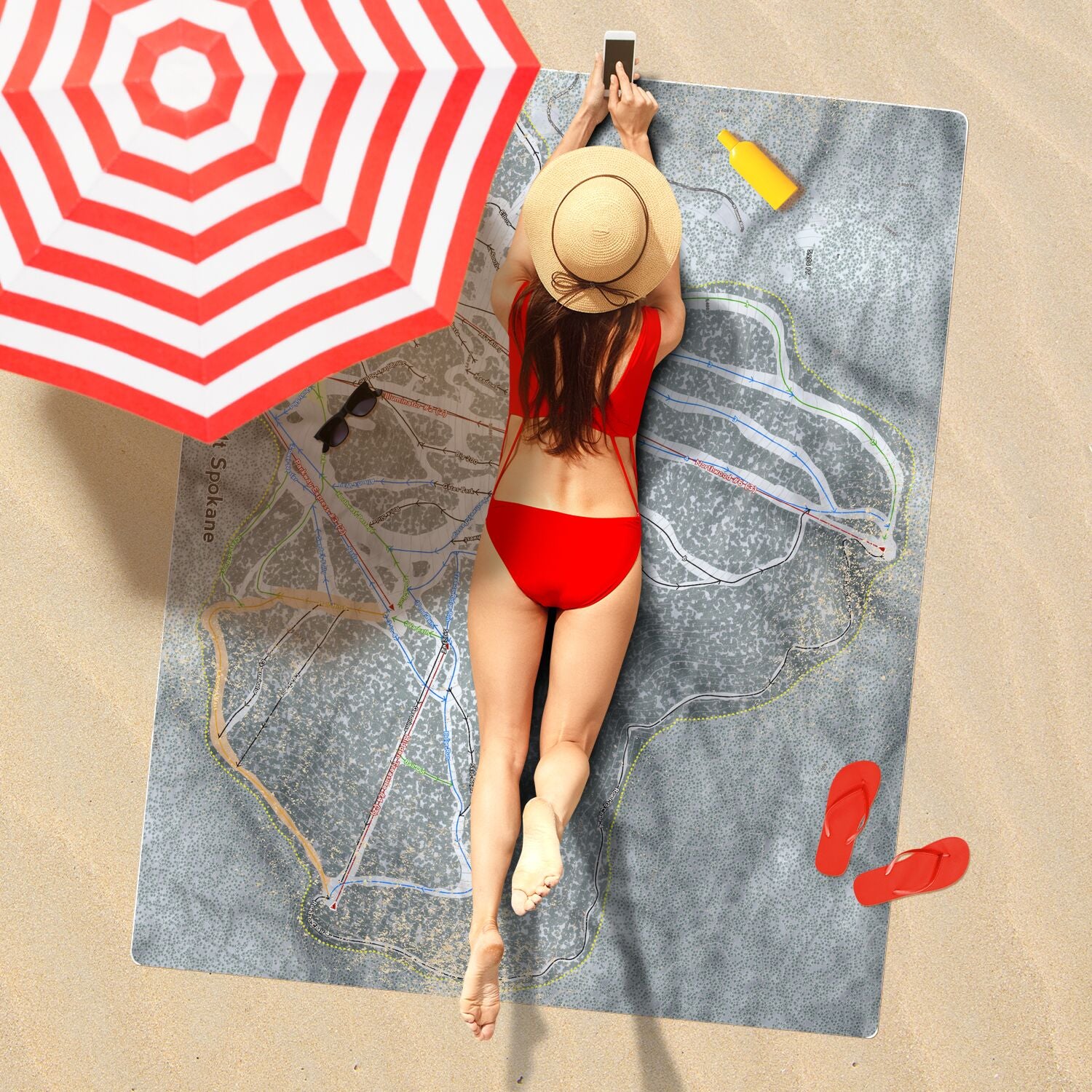 Mt Spokane, Washington Ski Resort Map Printed Beach Towel - Powderaddicts