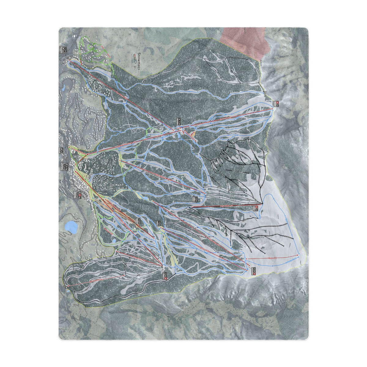 Snowmass, Colorado Ski Resort Map Printed Beach Towel - Powderaddicts