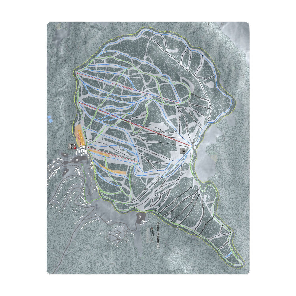 Apex Mountain, British Columbia Ski Resort Map Printed Beach Towel - Powderaddicts
