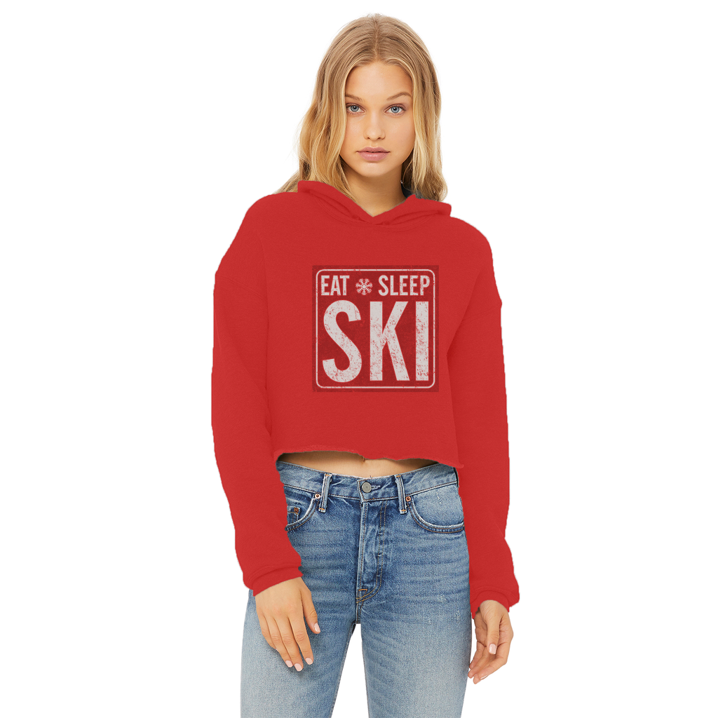 Eat Sleep Ski Ladies Cropped Raw Edge Hoodie - Powderaddicts