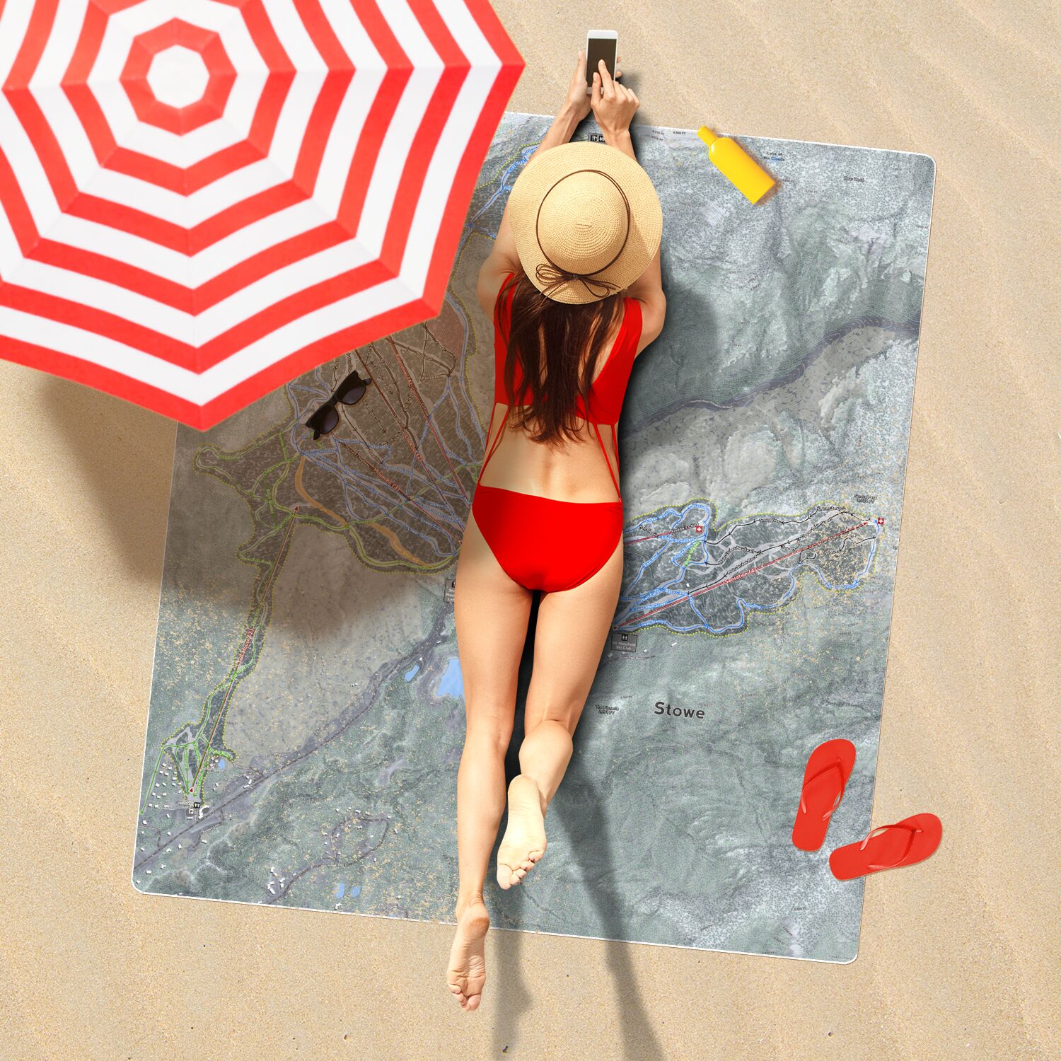 Stowe, Vermont Ski Resort Map Printed Beach Towel - Powderaddicts