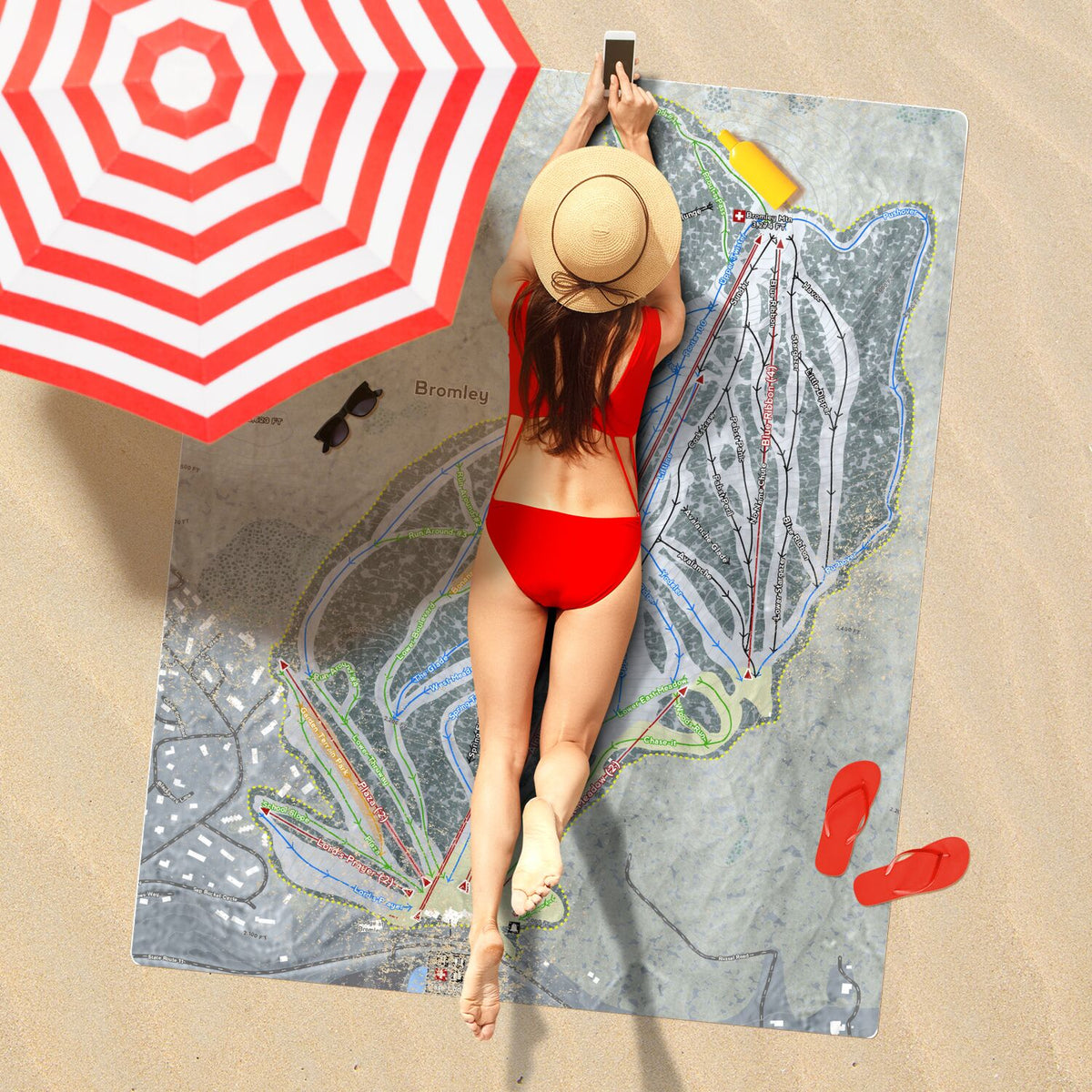 Bromley, Vermont Ski Resort Map Printed Beach Towel - Powderaddicts