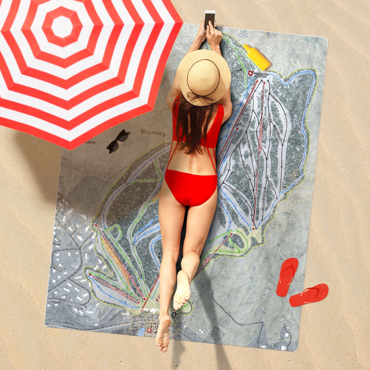 Bromley, Vermont Ski Resort Map Printed Beach Towel - Powderaddicts