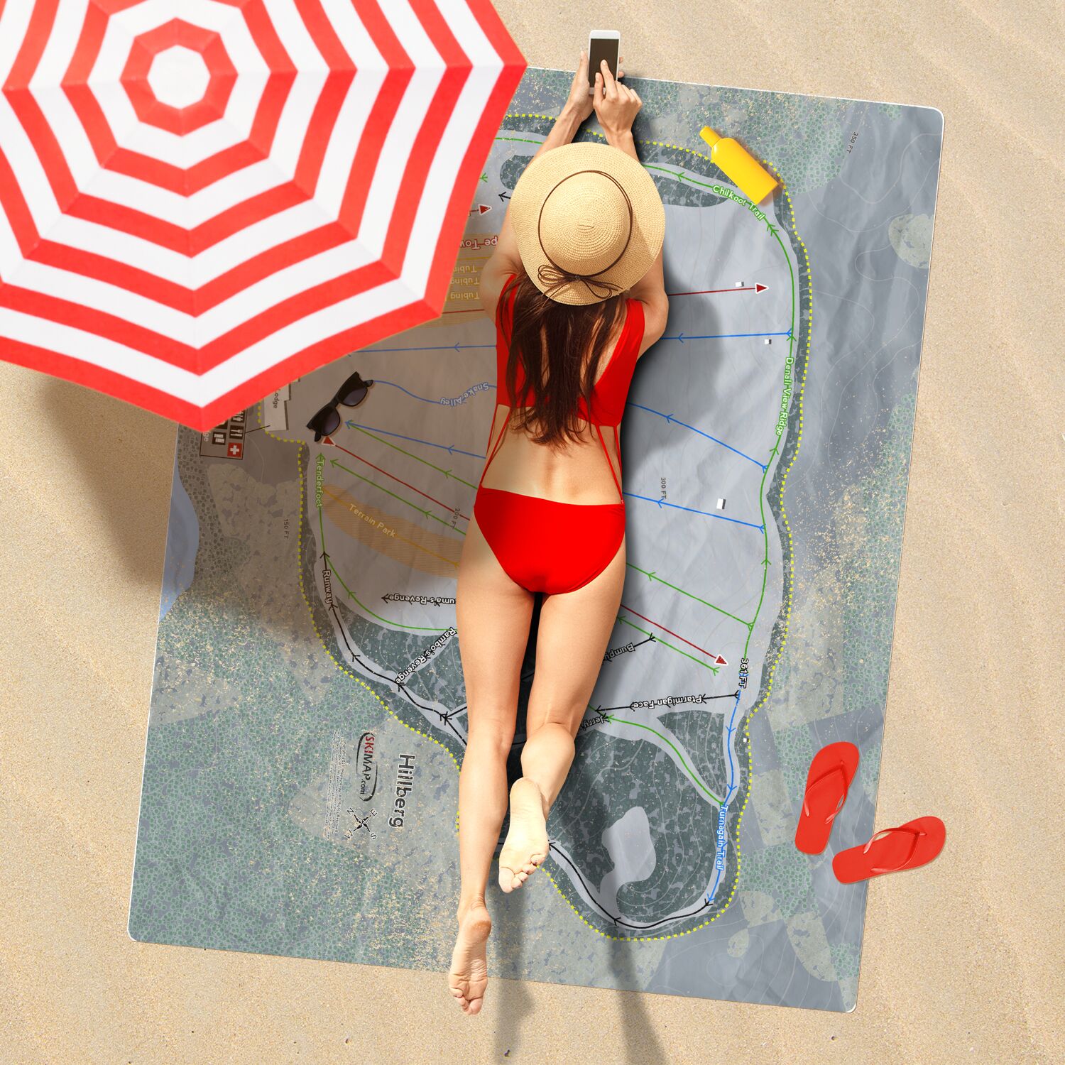 Hillberg, Alaska Ski Resort Map Printed Beach Towel - Powderaddicts