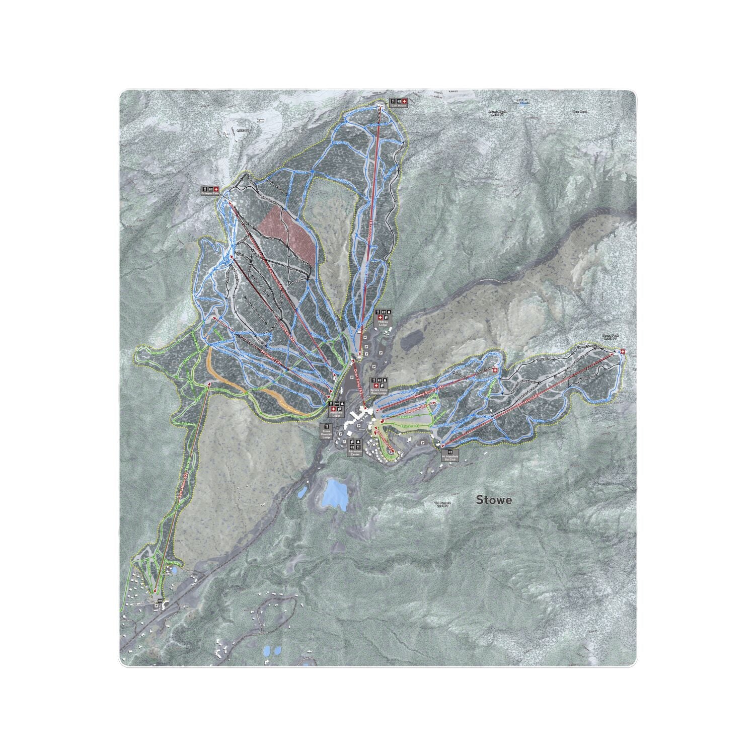 Stowe, Vermont Ski Resort Map Printed Beach Towel - Powderaddicts