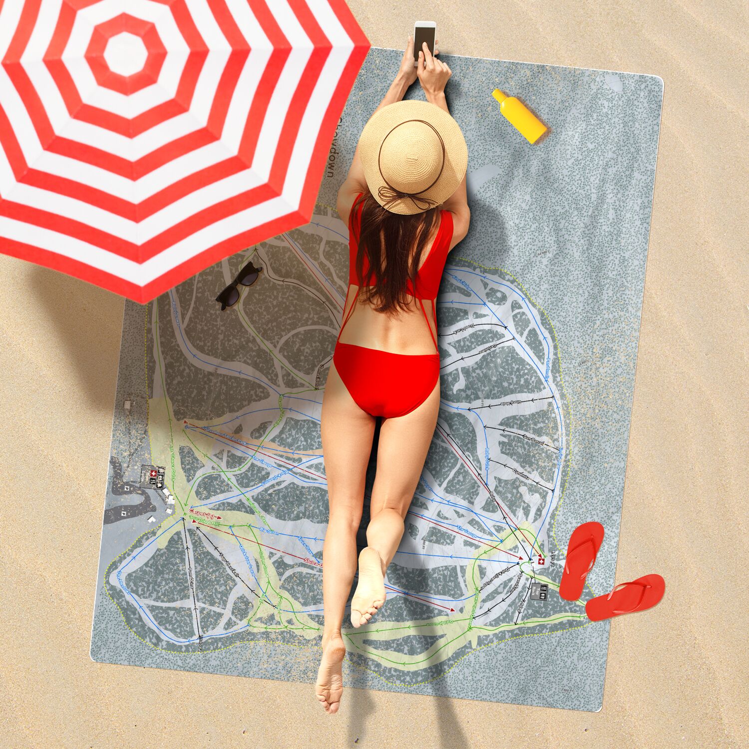 Showdown, Montana Ski Resort Map Printed Beach Towel - Powderaddicts