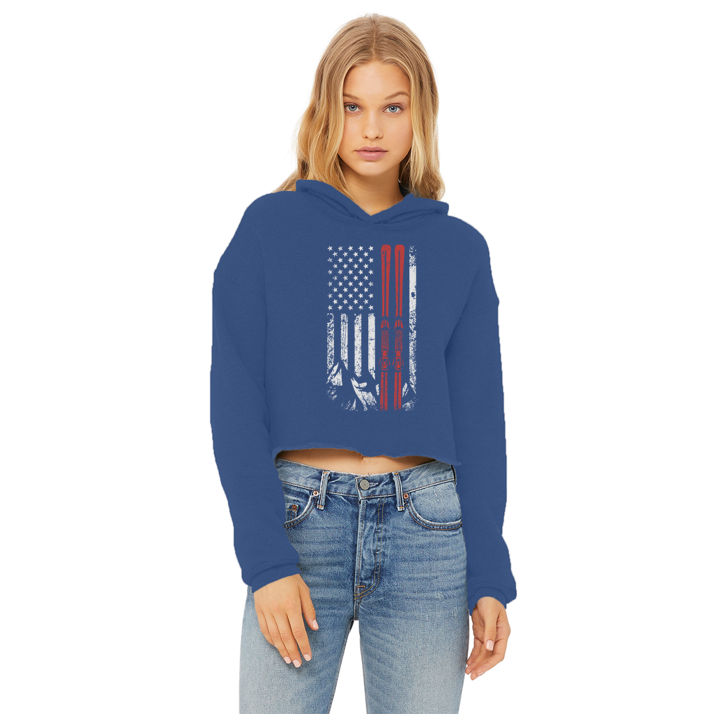 USA Flag - Ski - Thin Red Line Ladies Cropped Raw Edge Hoodie - Powderaddicts
