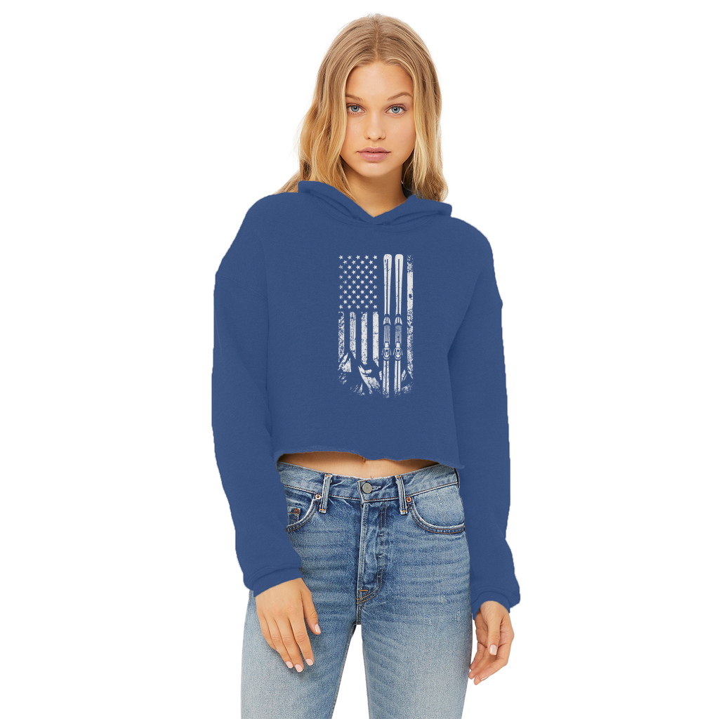 USA Ski Flag Ladies Cropped Raw Edge Hoodie - Powderaddicts