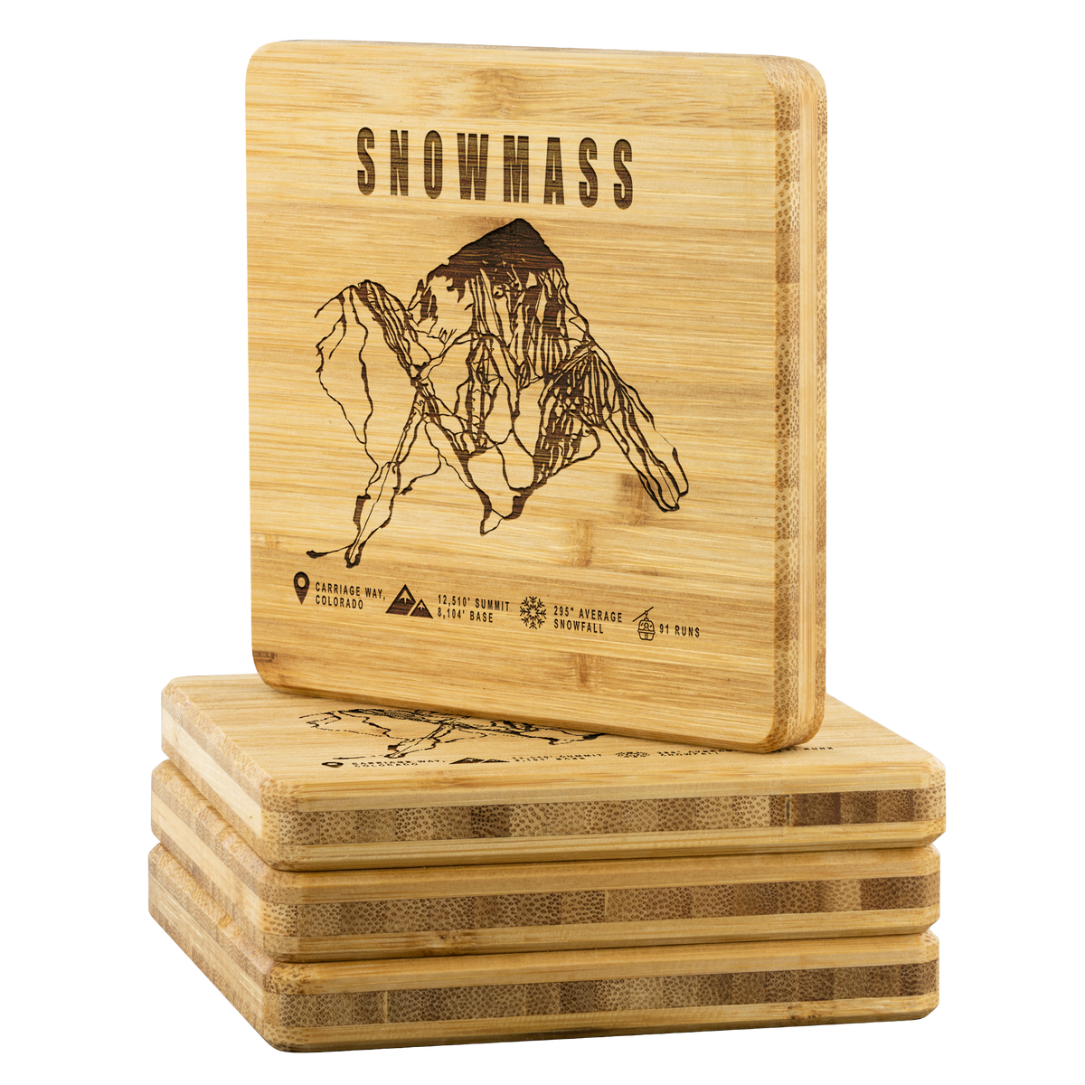 Snowmass Colorado Ski Trail Map Bamboo Coaster - Powderaddicts