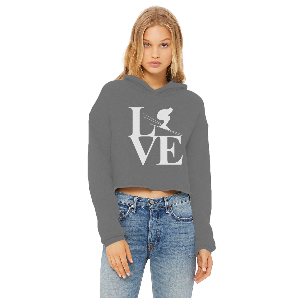 Love Skiing Ladies Cropped Raw Edge Hoodie - Powderaddicts