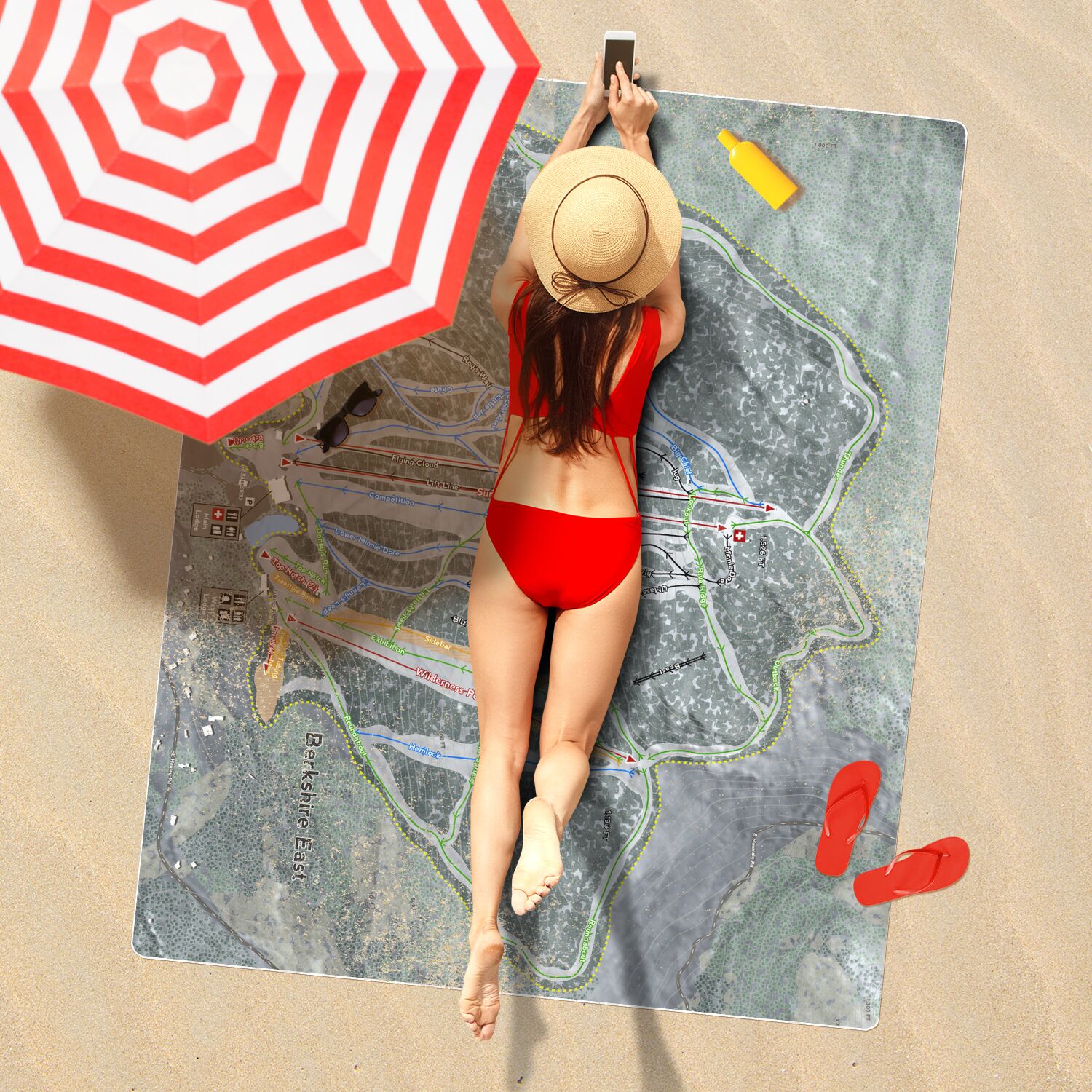 Berkshire East, Massachusetts Ski Resort Map Printed Beach Towel - Powderaddicts