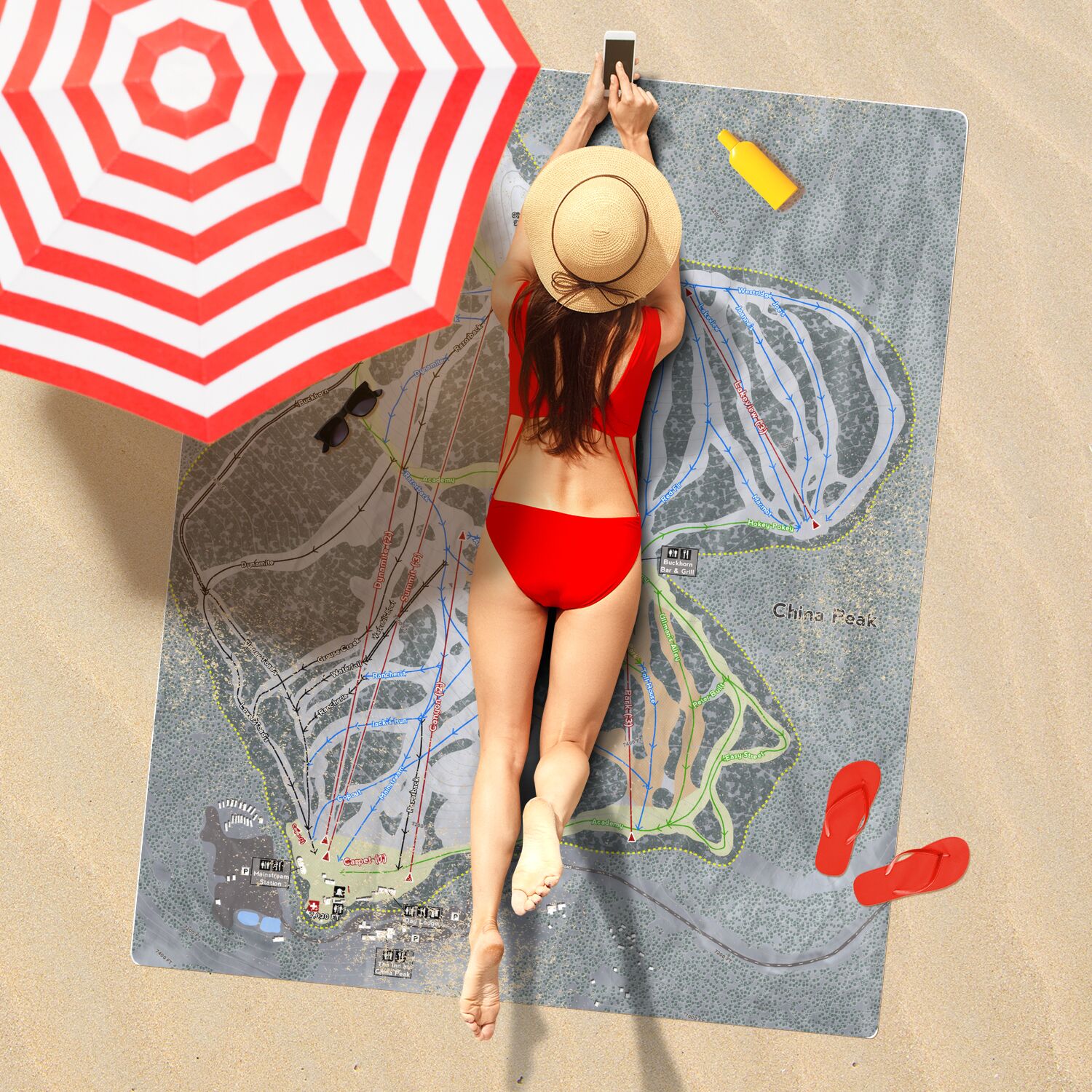 China Peak, California Ski Resort Map Printed Beach Towel - Powderaddicts