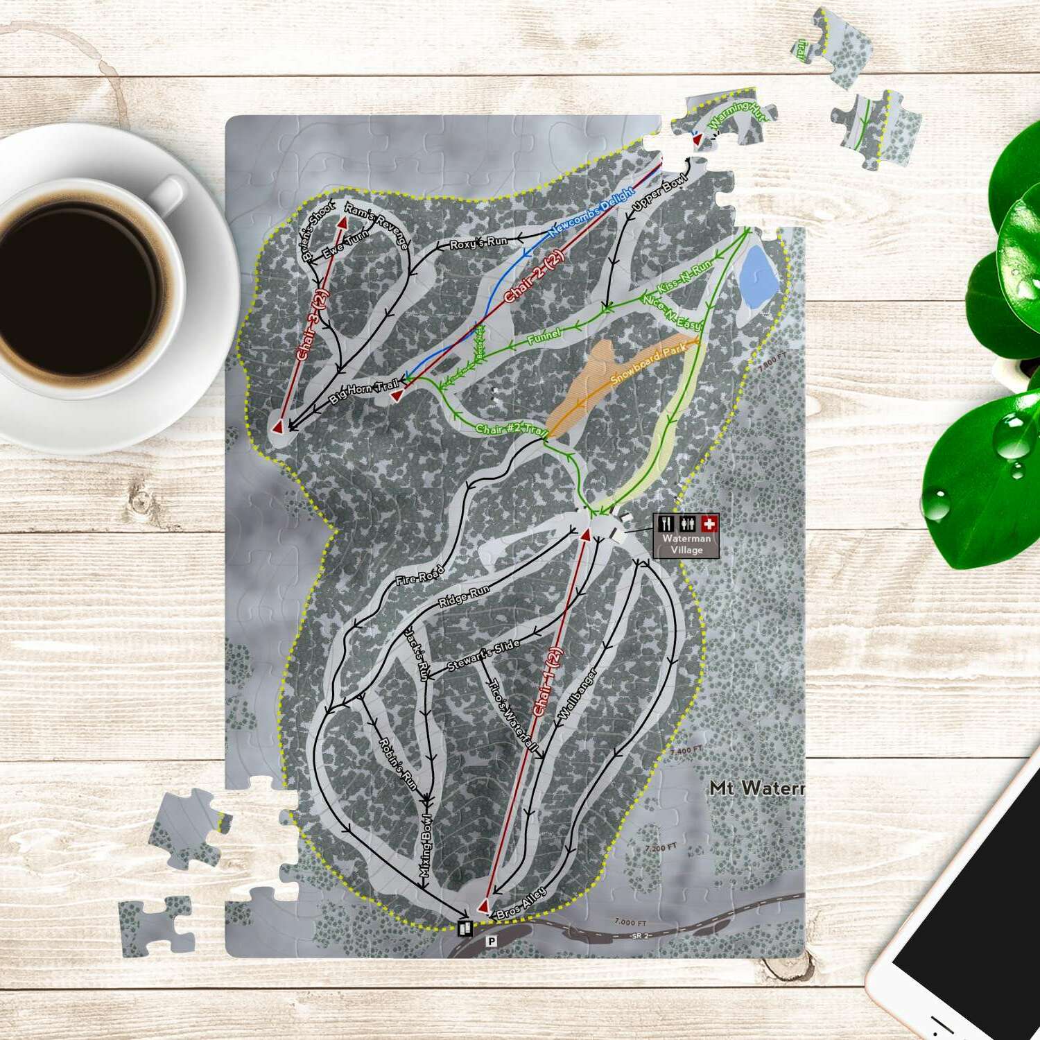 Mt. Waterman, California Ski Trail Map Puzzle - Powderaddicts
