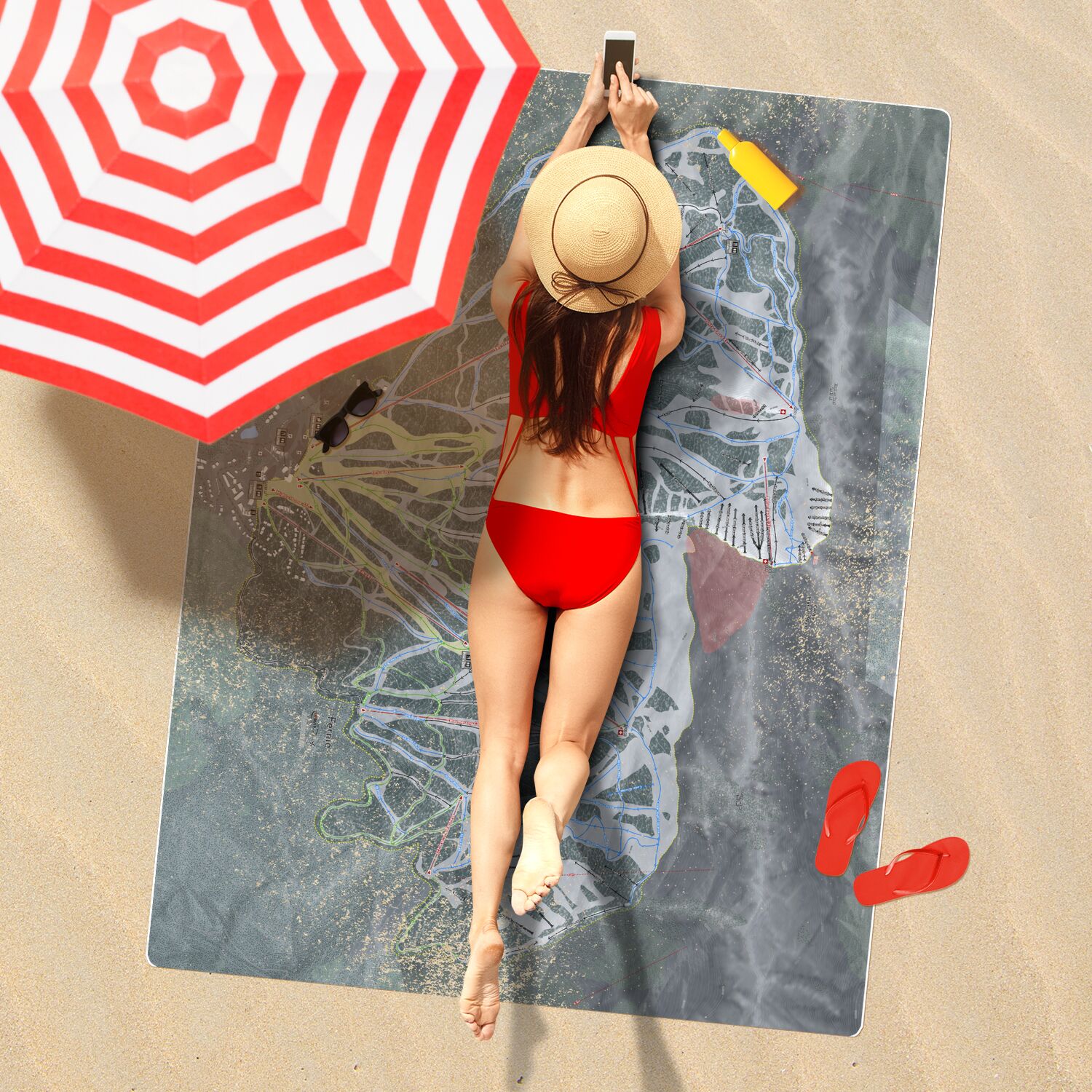 Fernie, British Columbia Ski Resort Map Printed Beach Towel - Powderaddicts