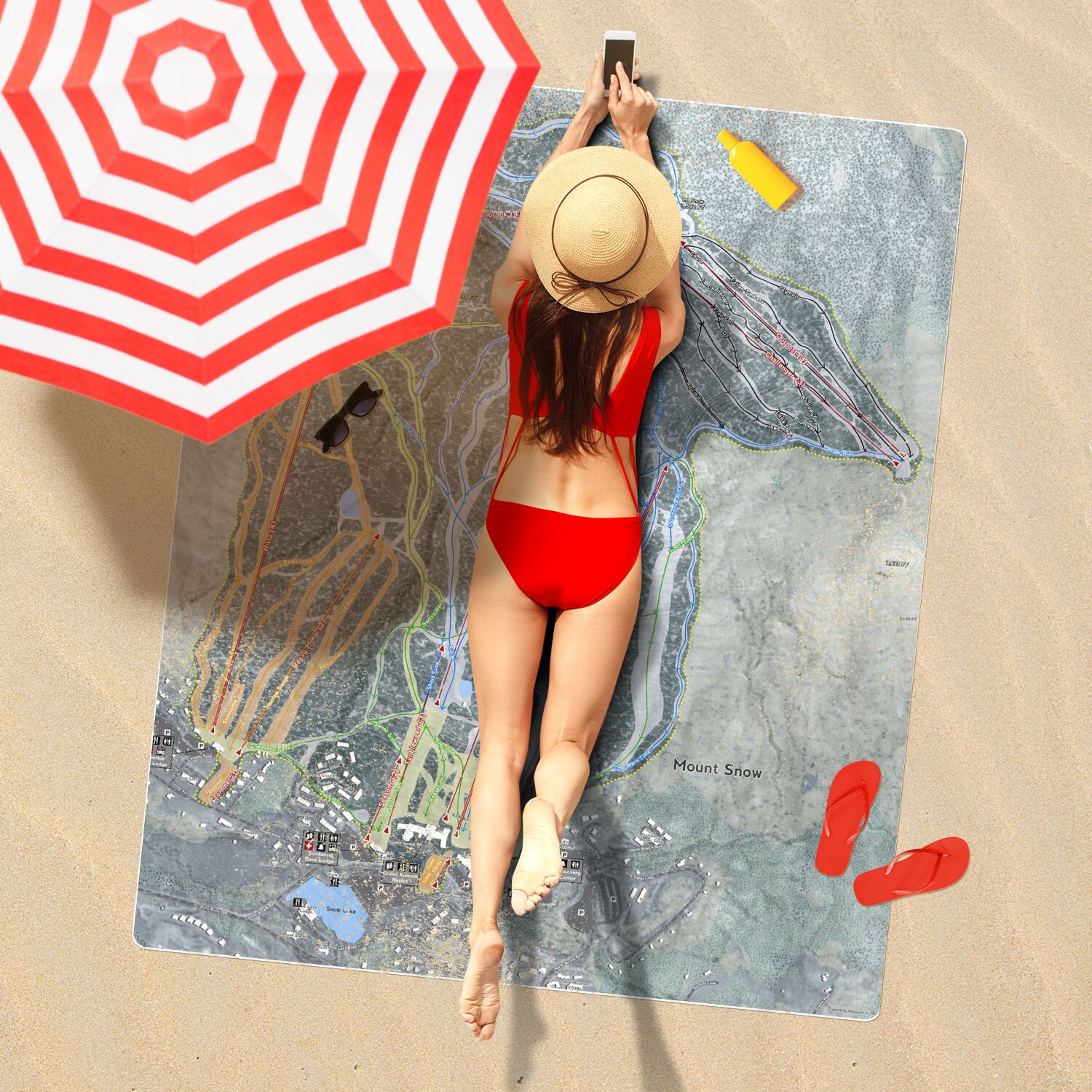 Mount Snow, Vermont Ski Resort Map Printed Beach Towel - Powderaddicts