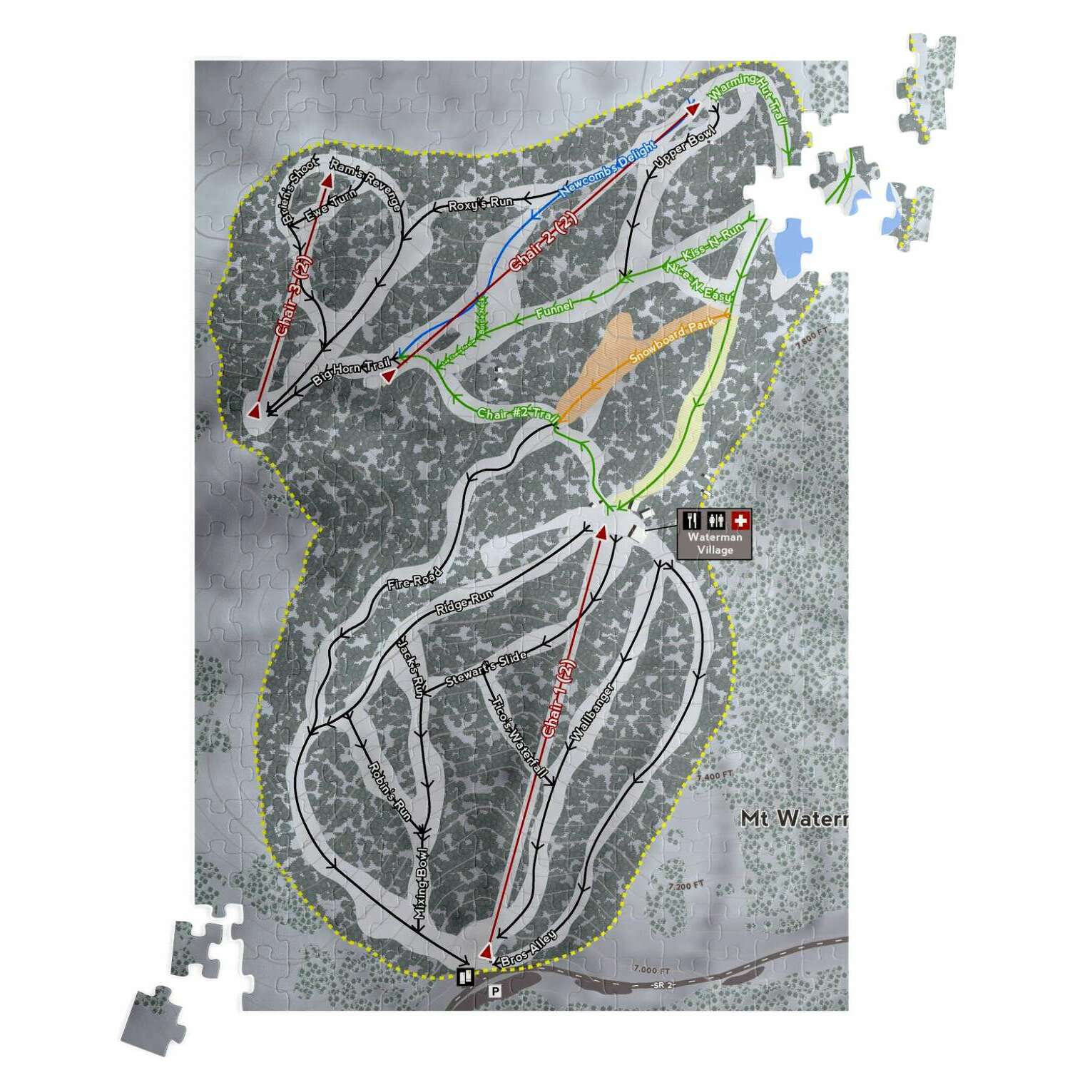 Mt. Waterman, California Ski Trail Map Puzzle - Powderaddicts