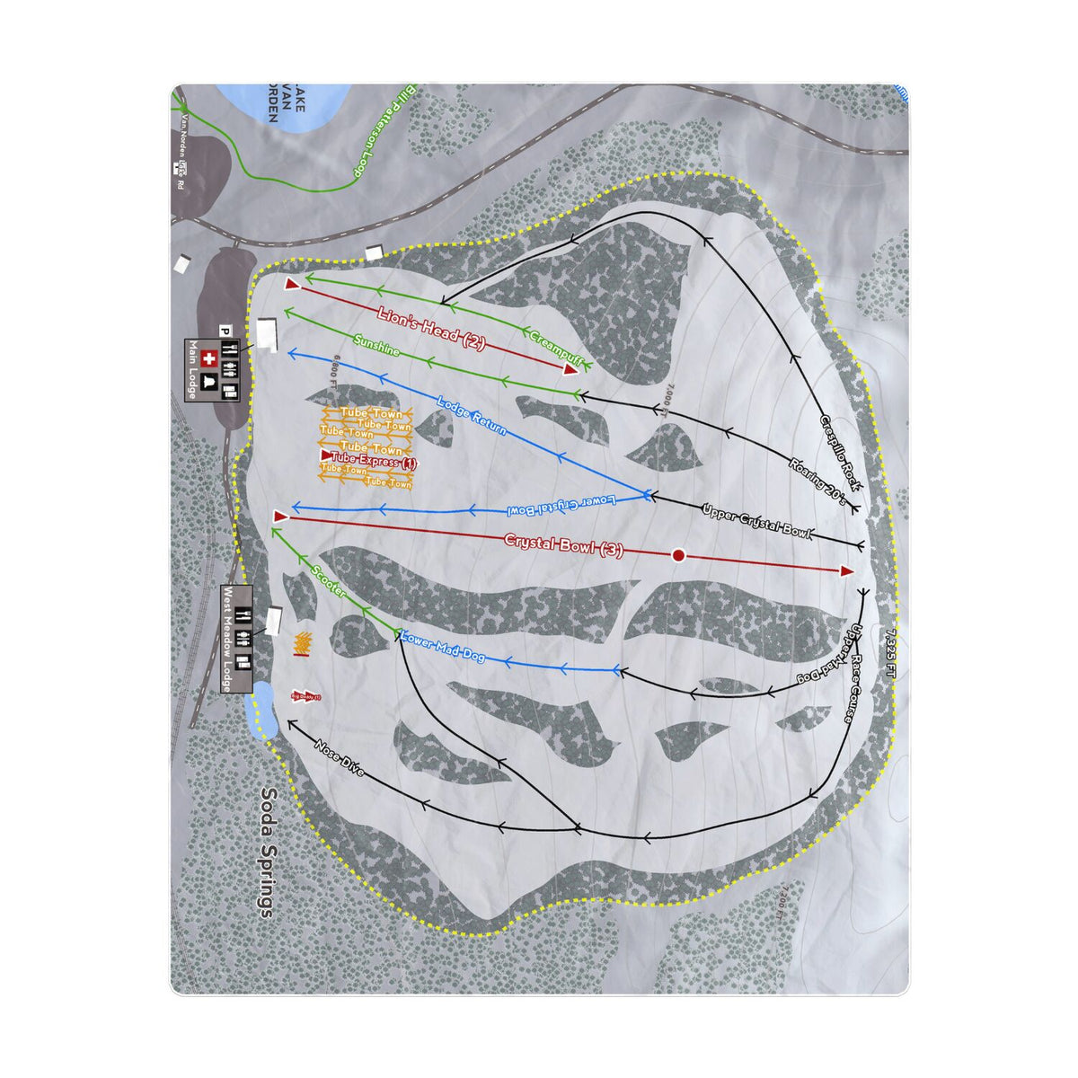 Soda Springs, California Ski Resort Map Printed Beach Towel - Powderaddicts