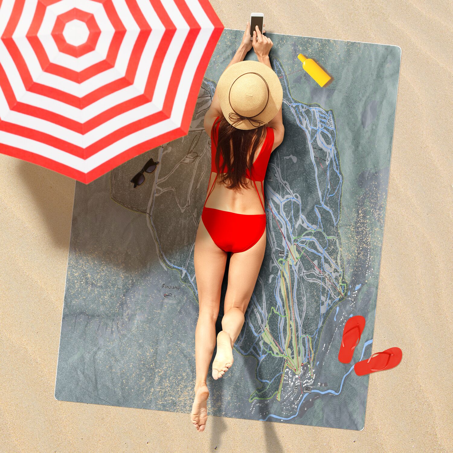 Panorama, British Columbia Ski Resort Map Printed Beach Towel - Powderaddicts