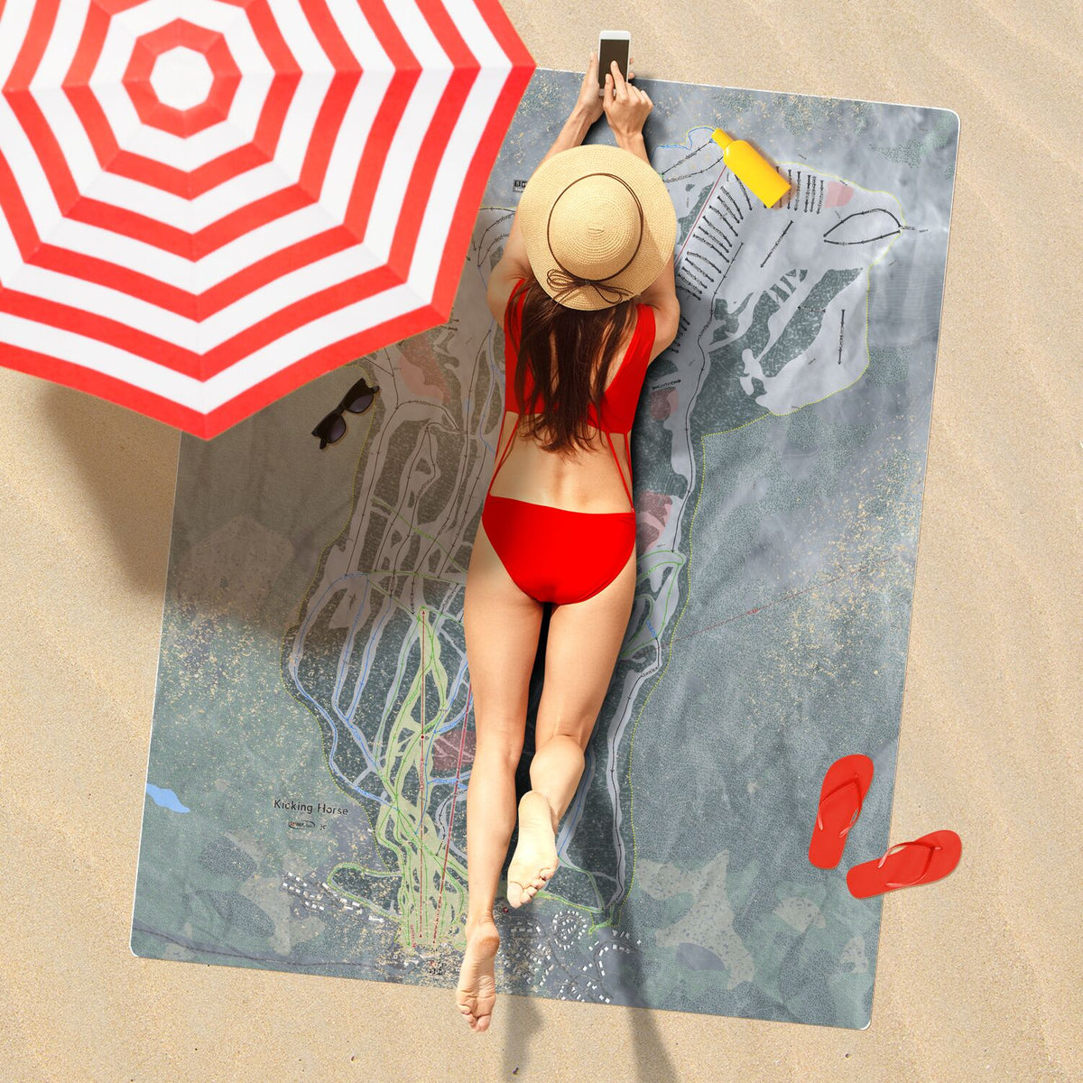 Kicking horse, British Columbia Ski Resort Map Printed Beach Towel - Powderaddicts