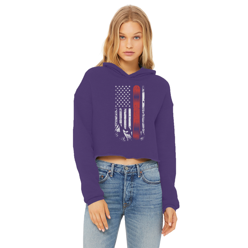 USA Snowboard Flag Thin Red Line Ladies Cropped Raw Edge Hoodie - Powderaddicts