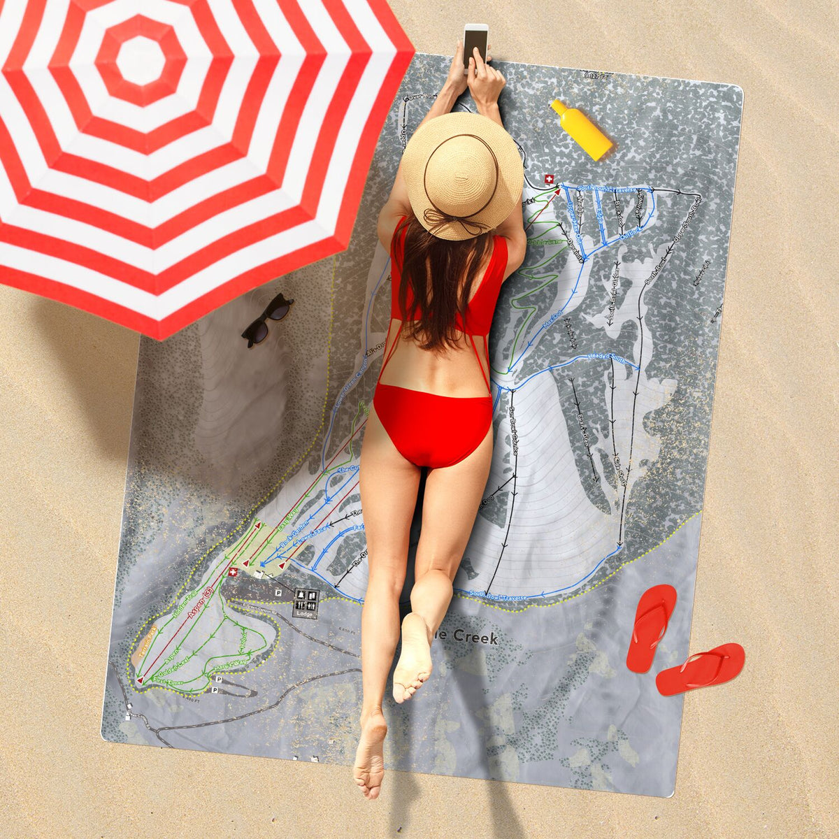 Pebble Creek, Idaho Ski Resort Map Printed Beach Towel - Powderaddicts