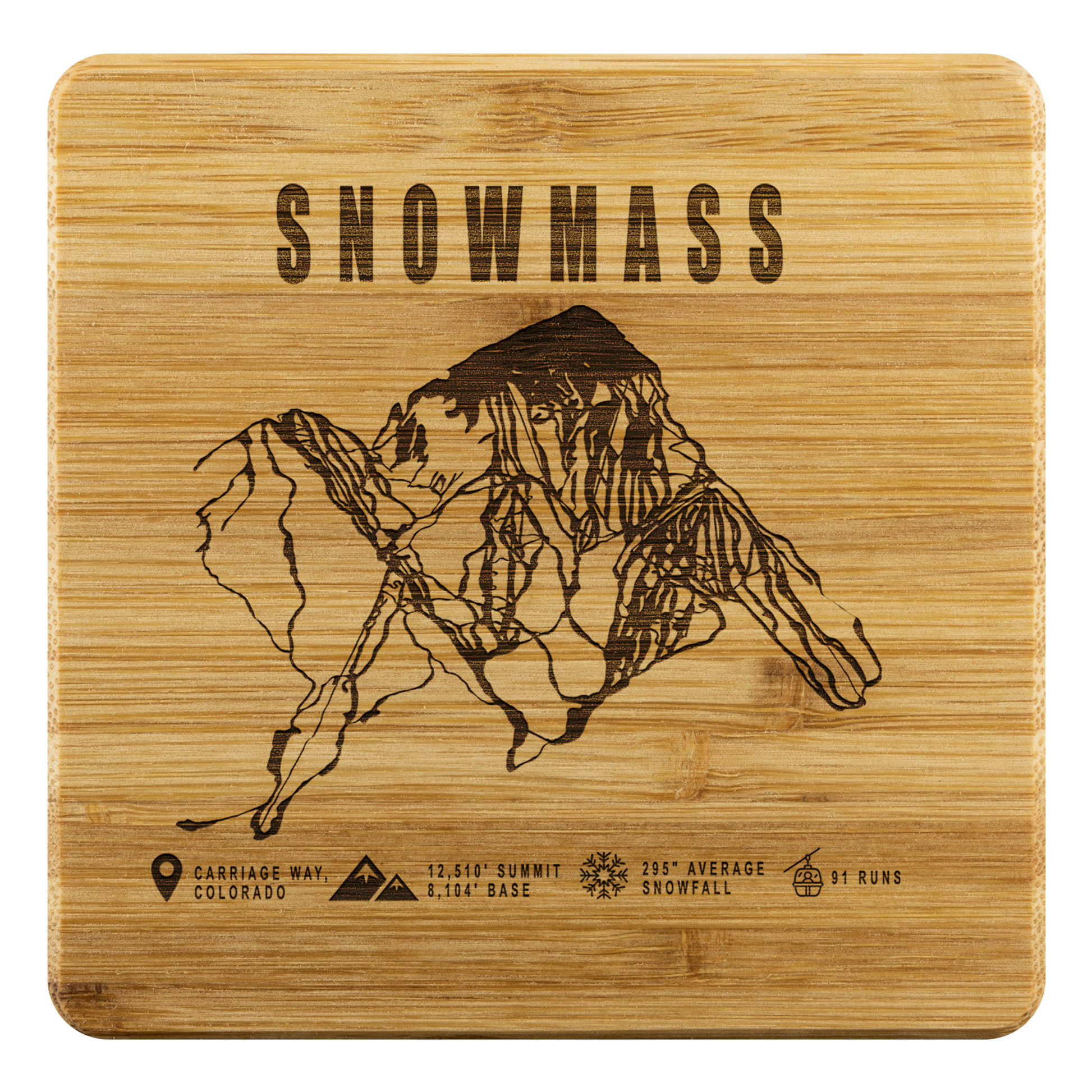 Snowmass Colorado Ski Trail Map Bamboo Coaster - Powderaddicts