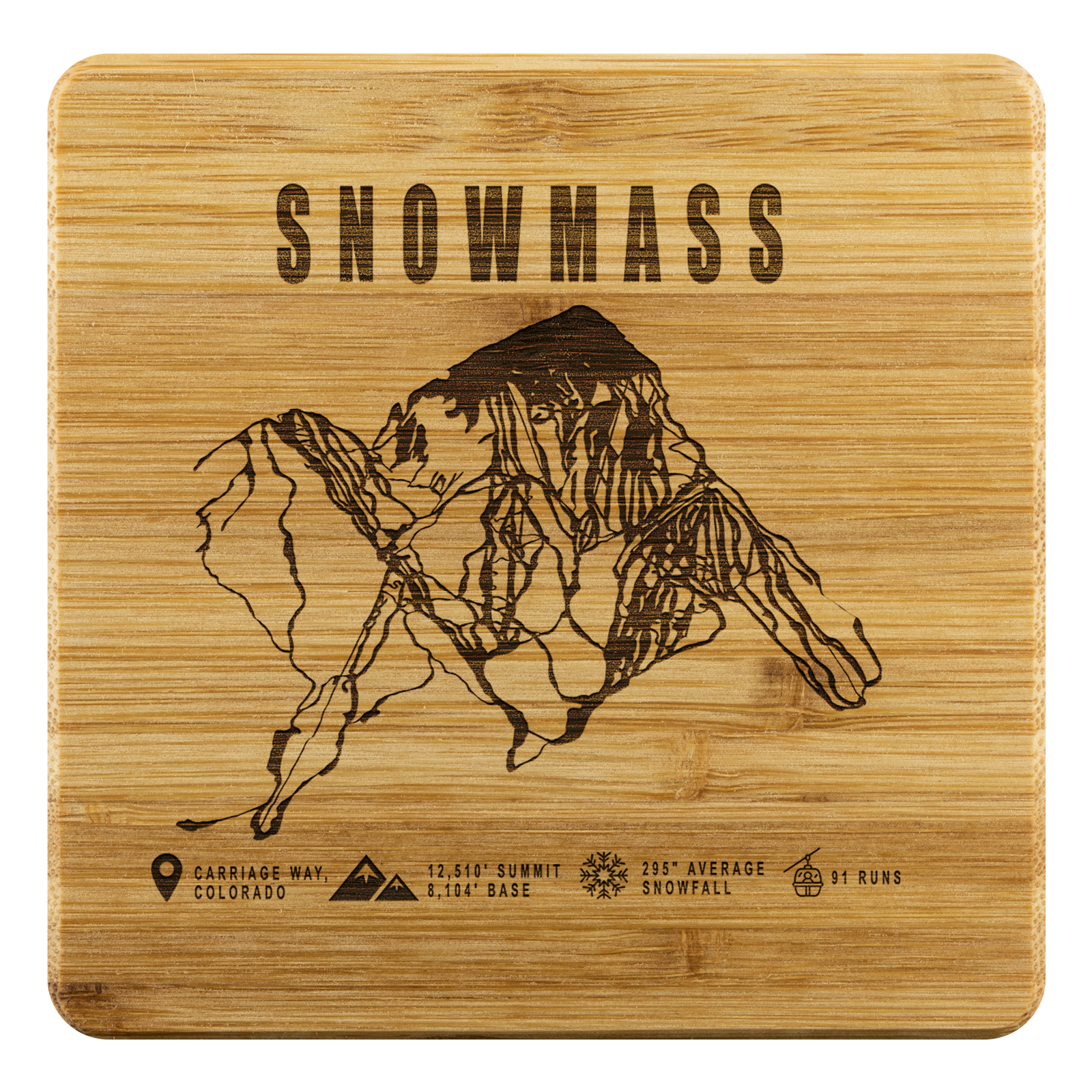 Snowmass Colorado Ski Trail Map Bamboo Coaster - Powderaddicts