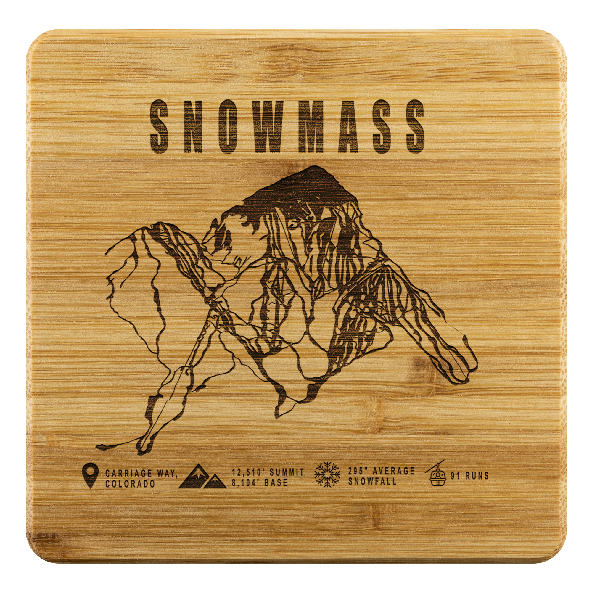 Snowmass Colorado Ski Trail Map Bamboo Coaster - Powderaddicts