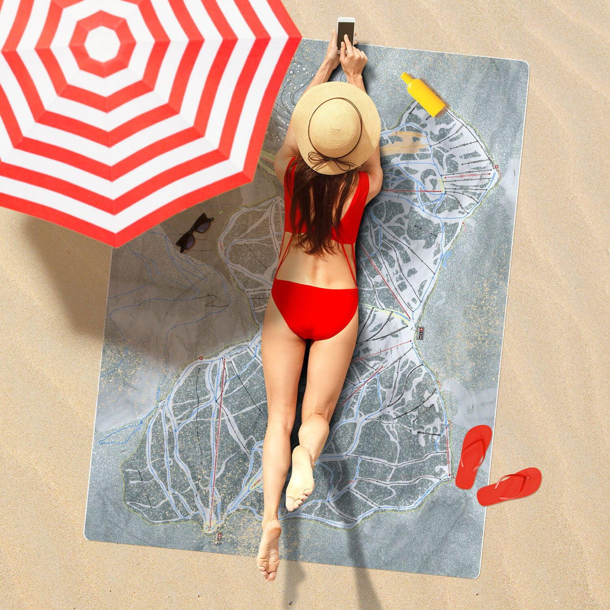 Schweitzer, Idaho Ski Resort Map Printed Beach Towel - Powderaddicts