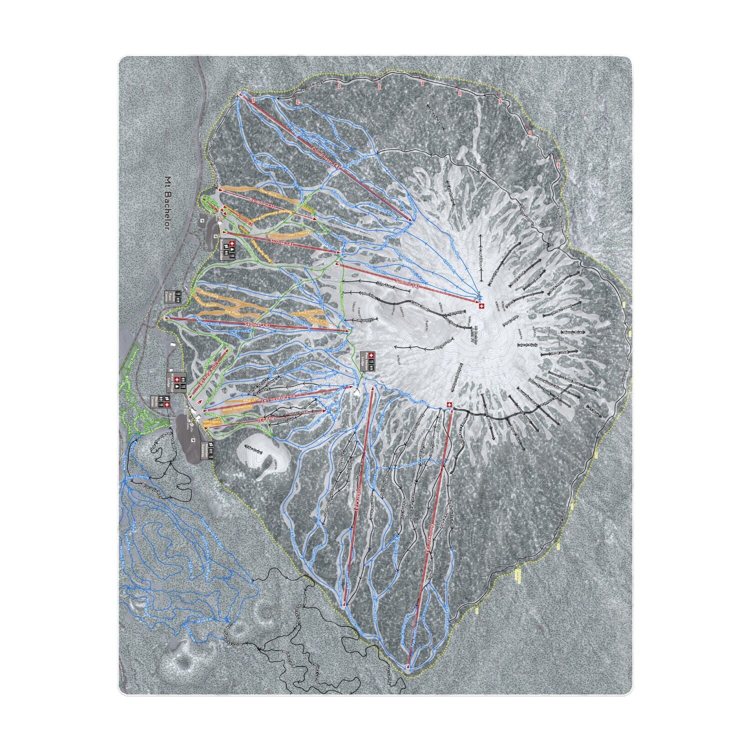 Mt Bachelor, Oregon Ski Resort Map Printed Beach Towel - Powderaddicts