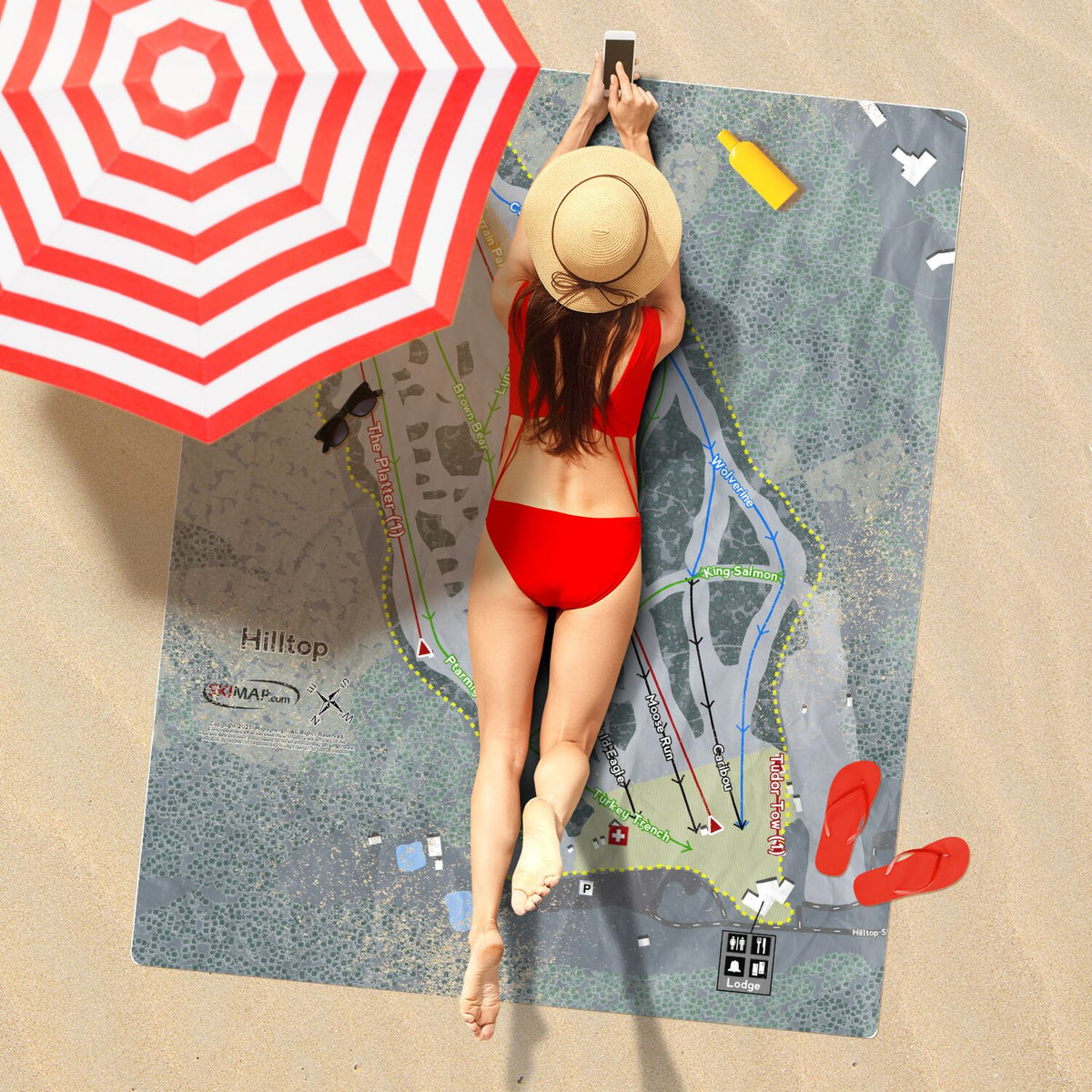 Hilltop, Alaska Ski Resort Map Printed Beach Towel - Powderaddicts