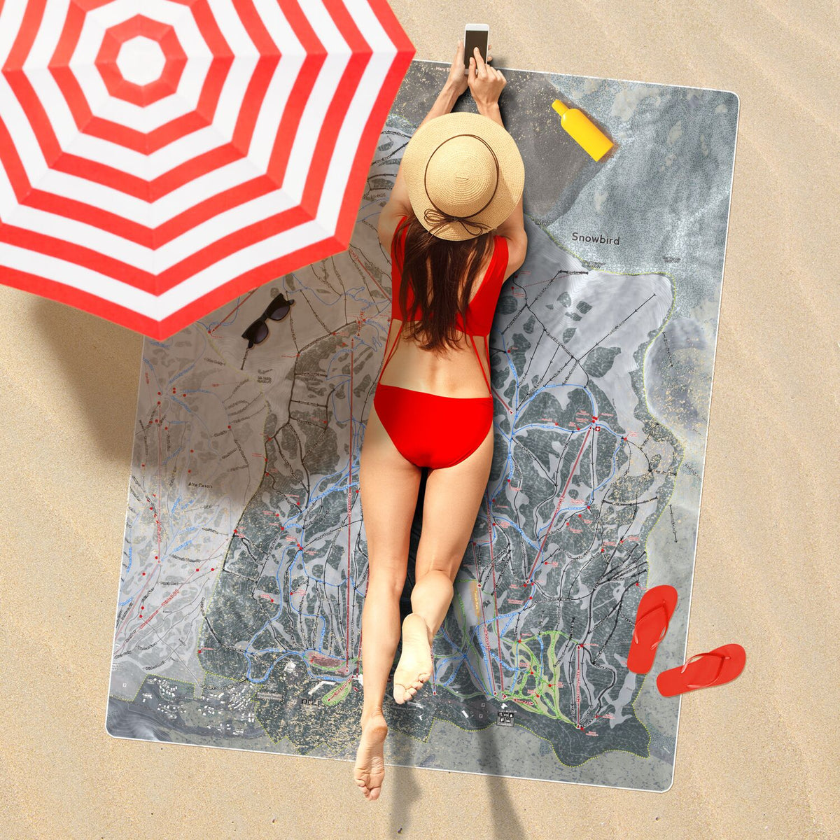 Snowbird, Utah Ski Resort Map Printed Beach Towel - Powderaddicts