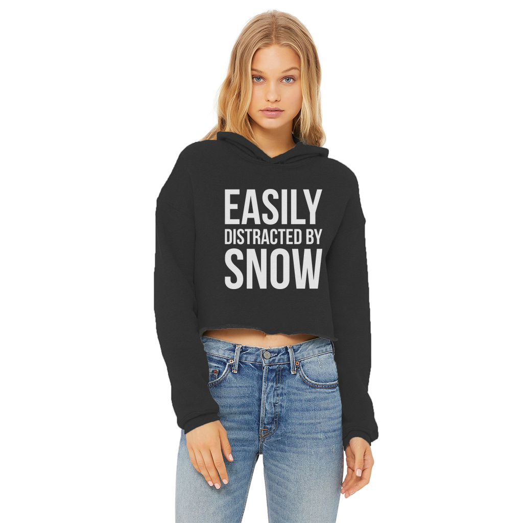 Easily Distracted By Snow Ladies Cropped Raw Edge Hoodie - Powderaddicts