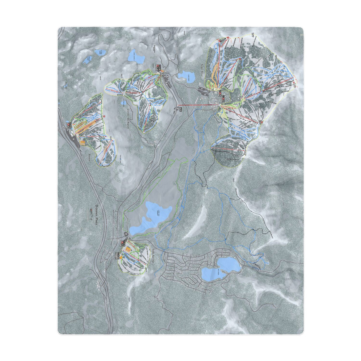 Donner Pass, California Ski Resort Map Printed Beach Towel - Powderaddicts