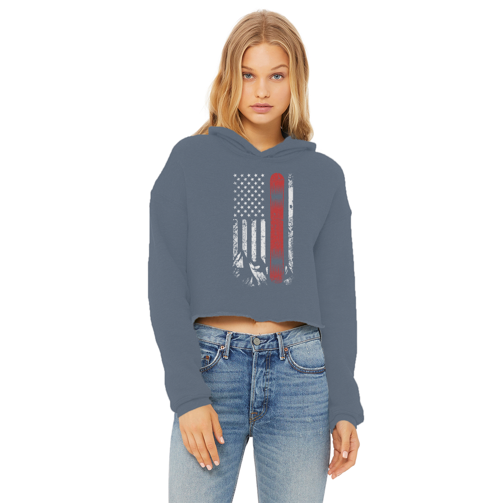 USA Snowboard Flag Thin Red Line Ladies Cropped Raw Edge Hoodie - Powderaddicts