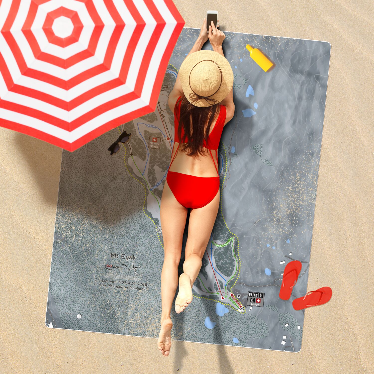 Mt Eyak, Alaska Ski Resort Map Printed Beach Towel - Powderaddicts