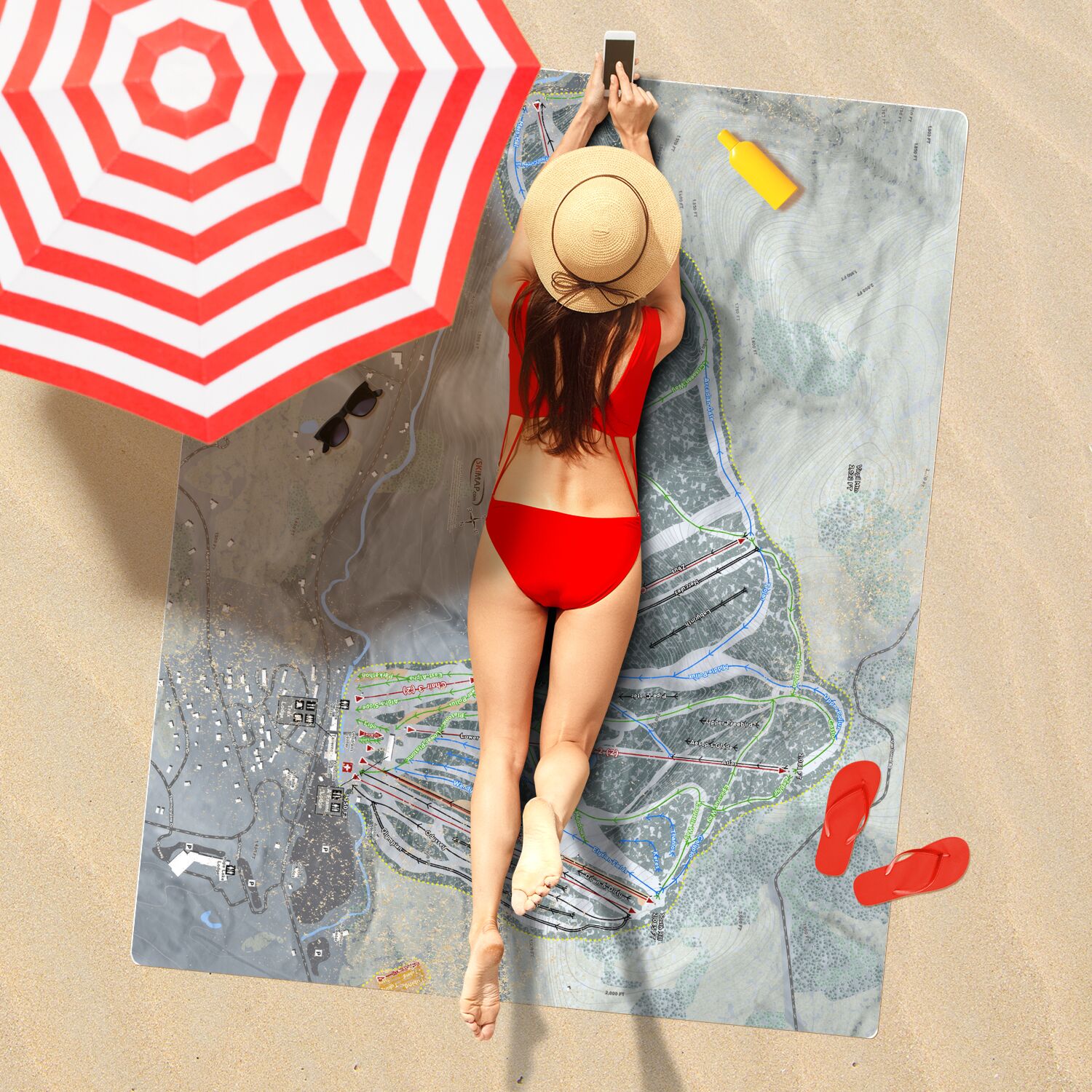 Greek Peak, New York Ski Resort Map Printed Beach Towel - Powderaddicts