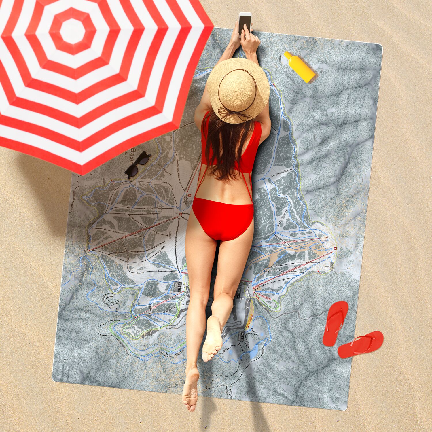 Bogus Basin, Idaho Ski Resort Map Printed Beach Towel - Powderaddicts